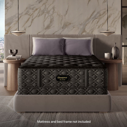 Beautyrest Black Low Profile Foundation with a Beautyrest Black Mattress on top of it, both sitting in a grey bedframe with 2 pillows on top of it