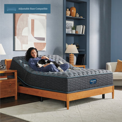 Woman sitting on a slightly elevated  on an adjustable base Beautyrest Innerspring Mattress sitting in a brown bed frame holding her dog