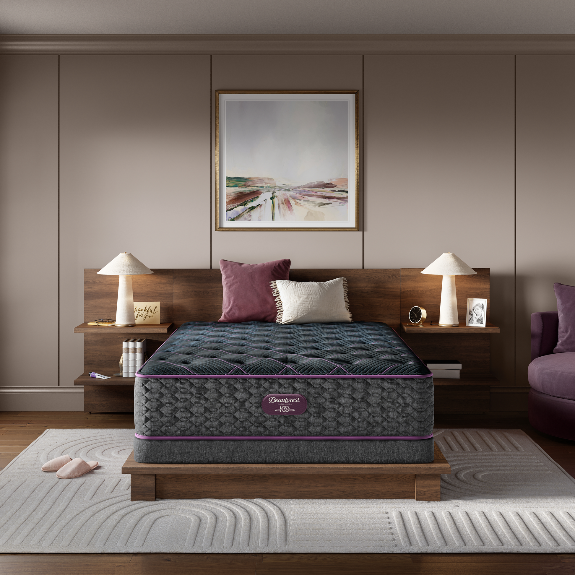 Beautyrest Mattress on a wooden bed frame in a bedroom setting with decor elements on top of a low profile 5.5" flat foundation